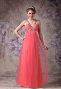 Dressy Ruched and Beaded V-neck Betty Celebrity Dress in Watermelon Red