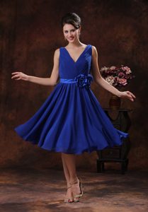 Urbane Roral Blue V-neck Bridesmaid Dresses with Flowers and Ruching