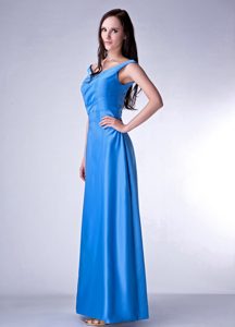 Bright Sky Blue Column V-neck Dress for Bridesmaid in Taffeta with Ruche