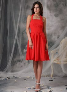 Red Empire Halter Top Chiffon Ruched Floating Junior Bridesmaid Dresses