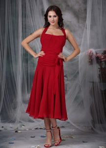 Halter Wine Red Tea-length Ruched Chiffon Maid of Honor Dress on Promotion