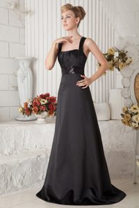 Square Straps Black Ruched Taffeta Bridesmaid Dress with Sequin