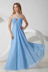 Sweetheart Long Ruched Beaded Baby Blue Chiffon Maid of Honor Dress