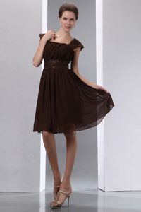 Square Straps Knee-length Brown Ruched Beaded Chiffon Bridesmaid Dresses