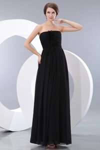 Ruched Strapless Long Black Chiffon Maid of Honor Dress with Flowers