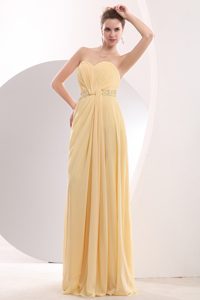Light Yellow Sweetheart Long Ruched Bridesmaid Dresses with Beading