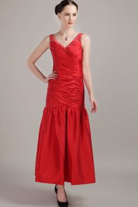 V-neck Ankle-length Hot Red Ruched Taffeta Maid of Honor Dress with Beading