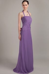 Halter Purple Ruched Chiffon Column Maid of Honor Dress on Sale