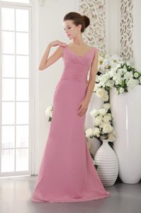 V-neck Long Ruched Rose Pink Chiffon Maid of Honor Dress for Cheap