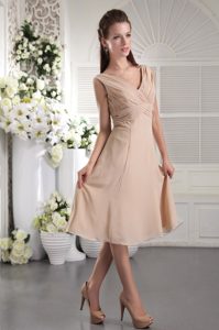 Nice V-neck Tea-length Champagne Chiffon Maid of Honor Dress with Ruching
