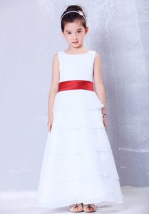 White and Red Scoop Cheap Dresses for Girls in Chiffon with Sash