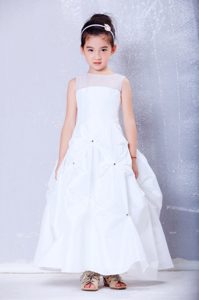 White Bateau Ankle-length Taffeta and Organza Child Dress with Beading