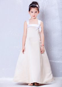 Champagne Square Taffeta Little Girl Dress with Bow to Ankle-length