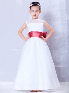 White and Coral Red Bateau Organza Beauty Flower Girl Dresses with Bow