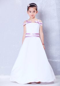 White and Lavender Straps Ankle-length Toddler Flower Girl Dress