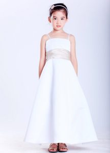 Lovely White Straps Ankle-length Satin Dress for Kids with Beading
