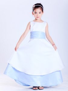 Taffeta Scoop Dresses for Flower Girls with Sash in White and Light Blue