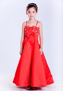 Pretty Red Straps Ankle-length Taffeta Girls Dresses with Beading