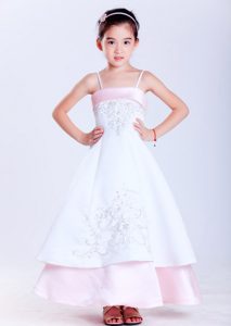 Taffeta and Satin Embroidery Toddler Flower Girl Dress in White and Pink