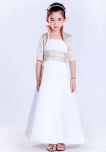 White Strapless Satin Outdoor Wedding Flower Girl Dresses with Beading