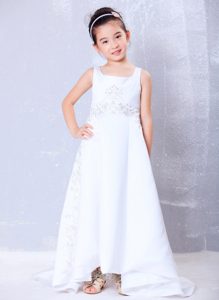 White Square Flower Girl Dresses with Beading in Satin