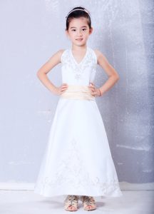 New Halter Ankle-length Satin Embroidery Little Girl Dresses in White