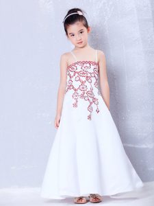 White Ankle-length Satin Embroidery Dresses for Teens with Straps
