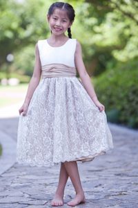 White and Champagne Scoop Tea-length Girl Dresses in Taffeta and Lace
