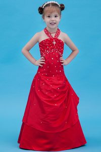 Red Halter Long Taffeta Flower Dresses for Kids with Beading