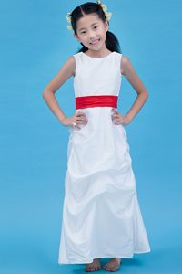 Column Scoop Ankle-length Dresses for Little Girls with Red Belt in Taffeta
