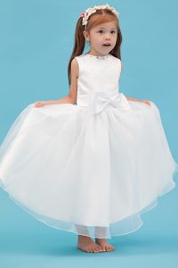 White Organza Church Wedding Flower Girl Dress with Sash to Ankle-length