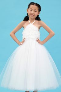 Halter Ankle-length Tulle Little Girls Beauty Dresses in White with Appliques