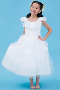 Scoop Ankle-length Lace Flower Little Girl Dresses in White