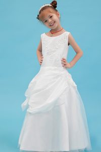 Dressy Beaded and Appliqued White Dress for Flower Girls with Scoop Neck