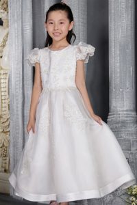 White Ankle-length Organza Romantic Flower Girl Dress with Bowknot