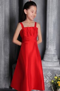 Fashionable Red Princess Tea-length Summer Flower Girl Dress with Ruches