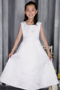 Fabulous Square Long Satin White Flower Girl Dress with Embroidery