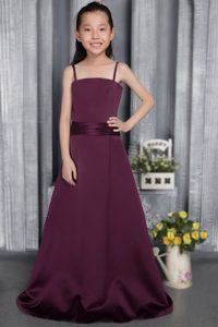 Luxurious Purple Satin Long Flower Girl Dresses with Spaghetti Straps