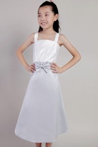 Charming Tea-length Taffeta Zipper-up Flower Girl Dress in White and Grey