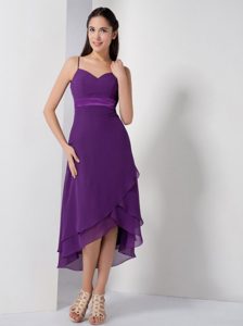 2014 Pretty Eggplant Purple High-low Prom Dress for Ladies with Spaghetti Straps