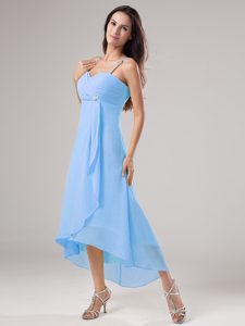 Simple Blue Spaghetti Straps Prom Dress Beaded and Ruched with Chiffon on Sale