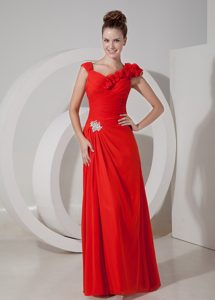 Luxurious Red Empire V-neck Chiffon Prom Evening Dress with Appliques on Sale