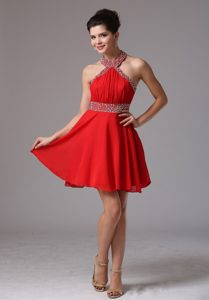 Red Halter Top Beaded and Ruched Stylish Mini-length Prom Dress on Promotion