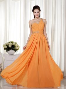 Orange Red Column One Shoulder Chiffon Beaded Prom Formal Dresses for Cheap