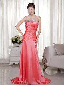 Pretty Watermelon Column Strapless Satin Beaded Prom Dresses with