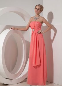 Watermelon Red Strapless Chiffon Prom Dress with Beading and Ruching on Sale