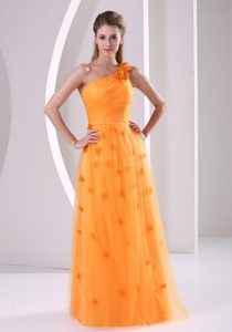 Orange One Shoulder Tulle Prom Evening Dress with Hand Made Flowers in 2013