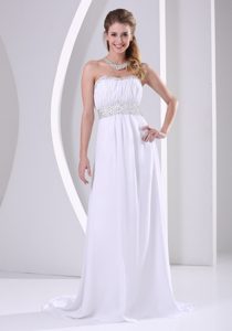 White Chiffon Beaded Prom Evening Dresses with Sweep Train for Custom Made