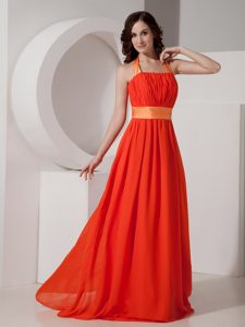Modern Orange Halter Top Chiffon Prom Dress with Sashes and Ruching for Cheap