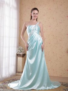 Light Blue Empire One Shoulder Elastic Woven Satin Prom Dresses with Beading